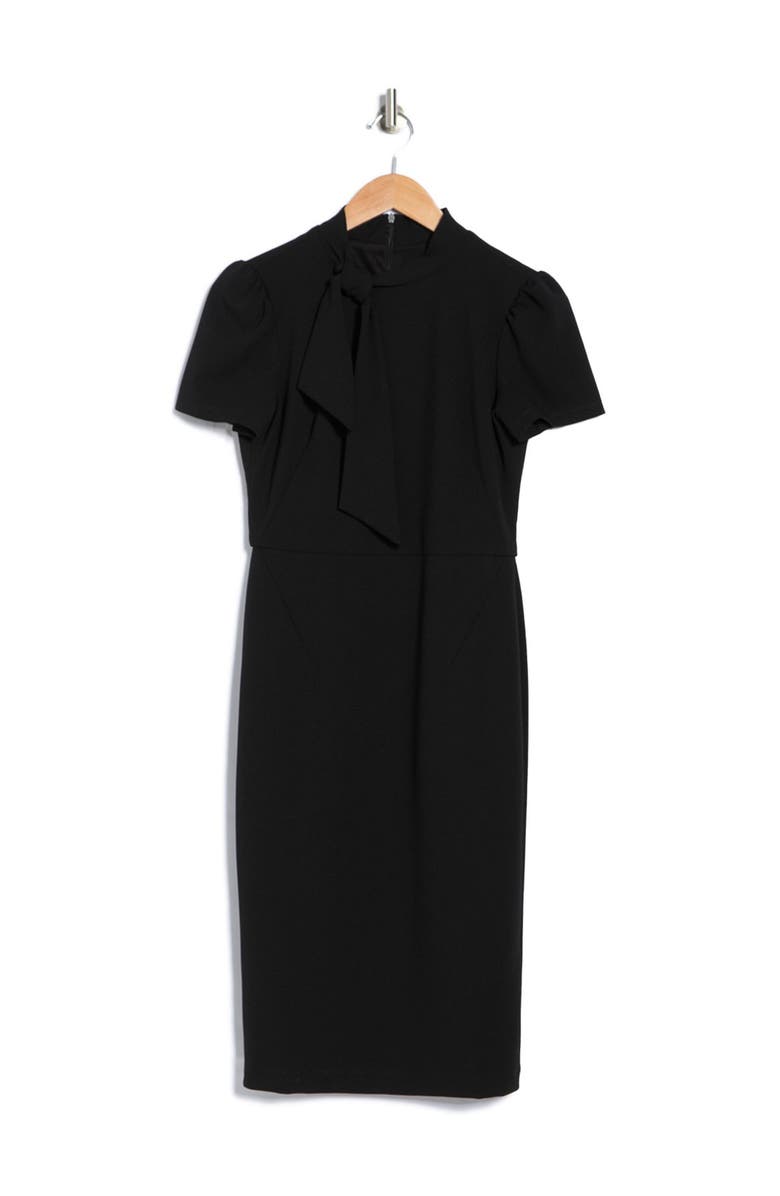 Maggy London Tie Neck Puff Sleeve Scuba Crepe Dress, Alternate, color, Black
