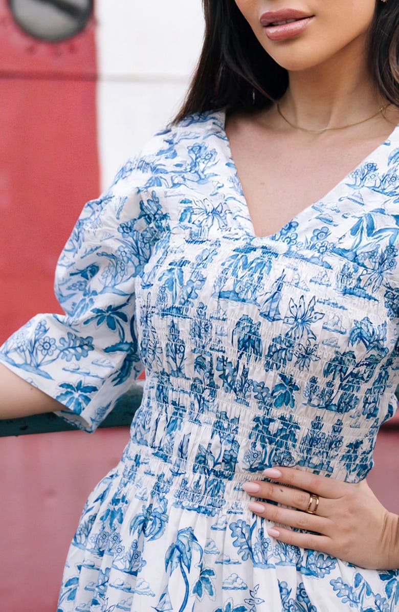 Jessie Zhao New York Leandra Blue Smocked V-Neck Midi Dress, Alternate, color, Blue