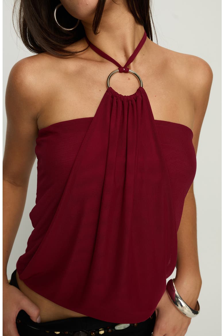Hedlea Drape Ring Detail Crop Halter Top, Alternate, color, WINE