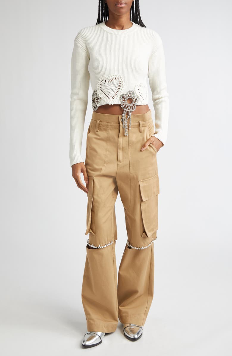 Area Crystal Flower & Crochet Heart Appliqué Crop Rib Sweater, Alternate, color, Off White