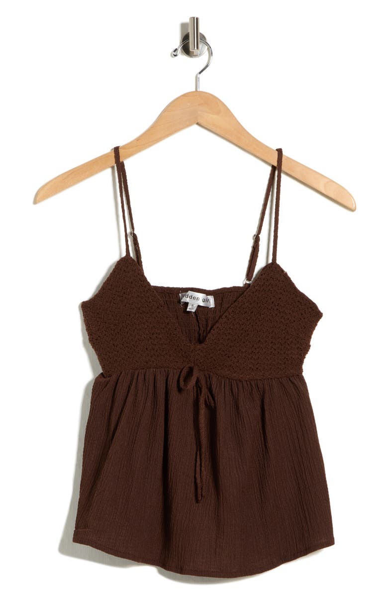 Madden Girl Crochet Trim Babydoll Tank, Main, color, Chocolate Brown
