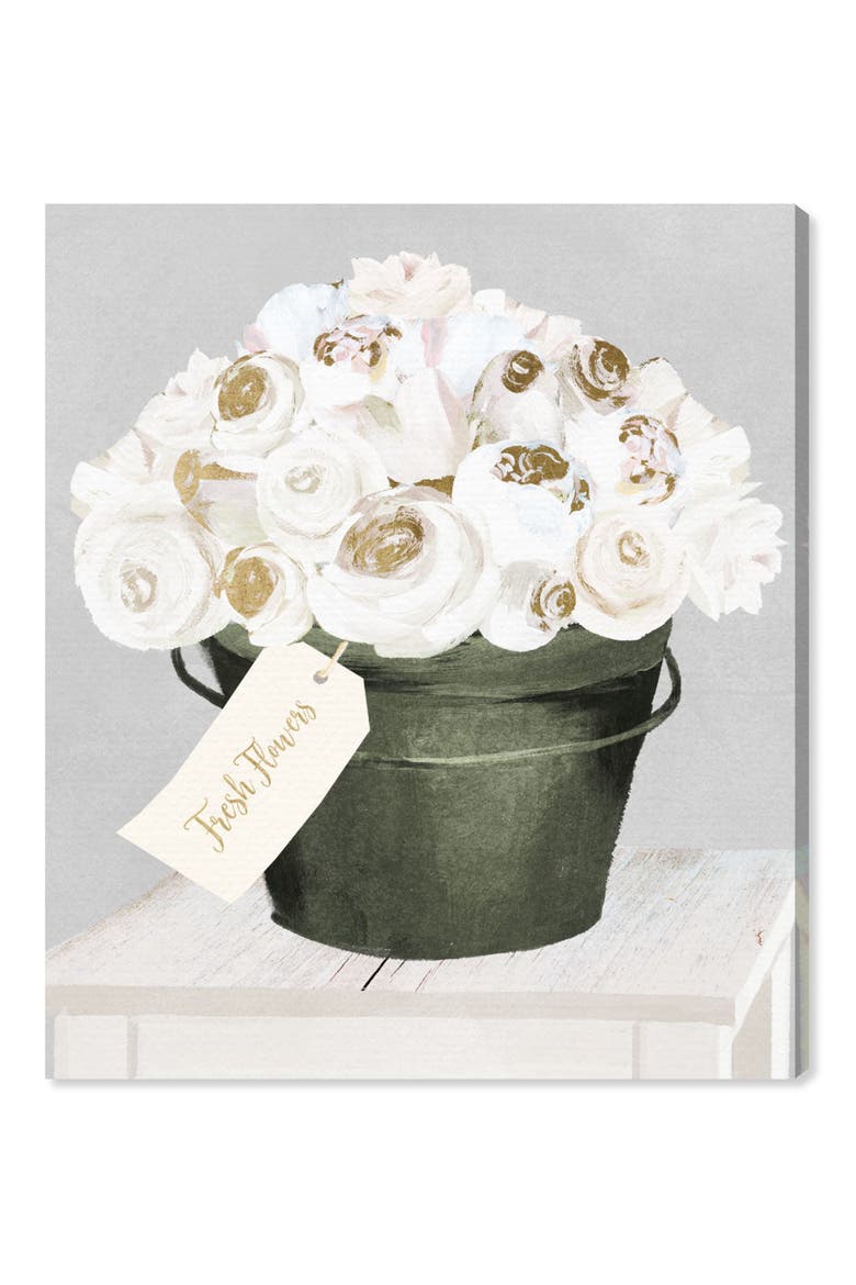 Bucket Full of Gold Roses Canvas Wall Art, Main, color, WHITE