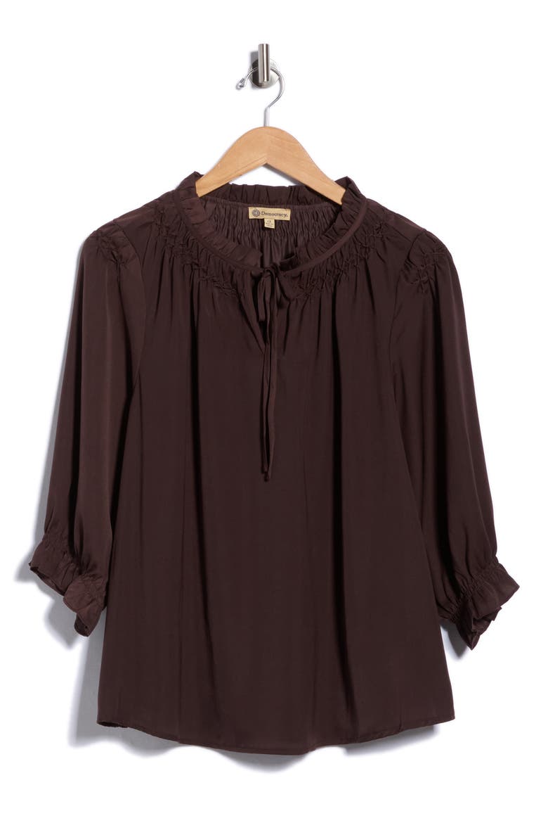 Embroidered Split Neck Top, Main, color, BROWN