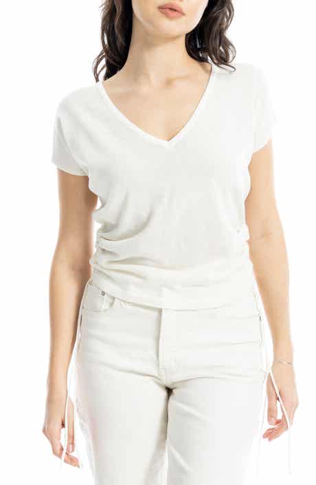 MAX STUDIO Side Ruched Short Sleeve V-Neck Sweater