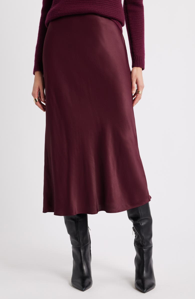 Nordstrom Bias Cut Satin Skirt, Main, color, Burgundy Royale