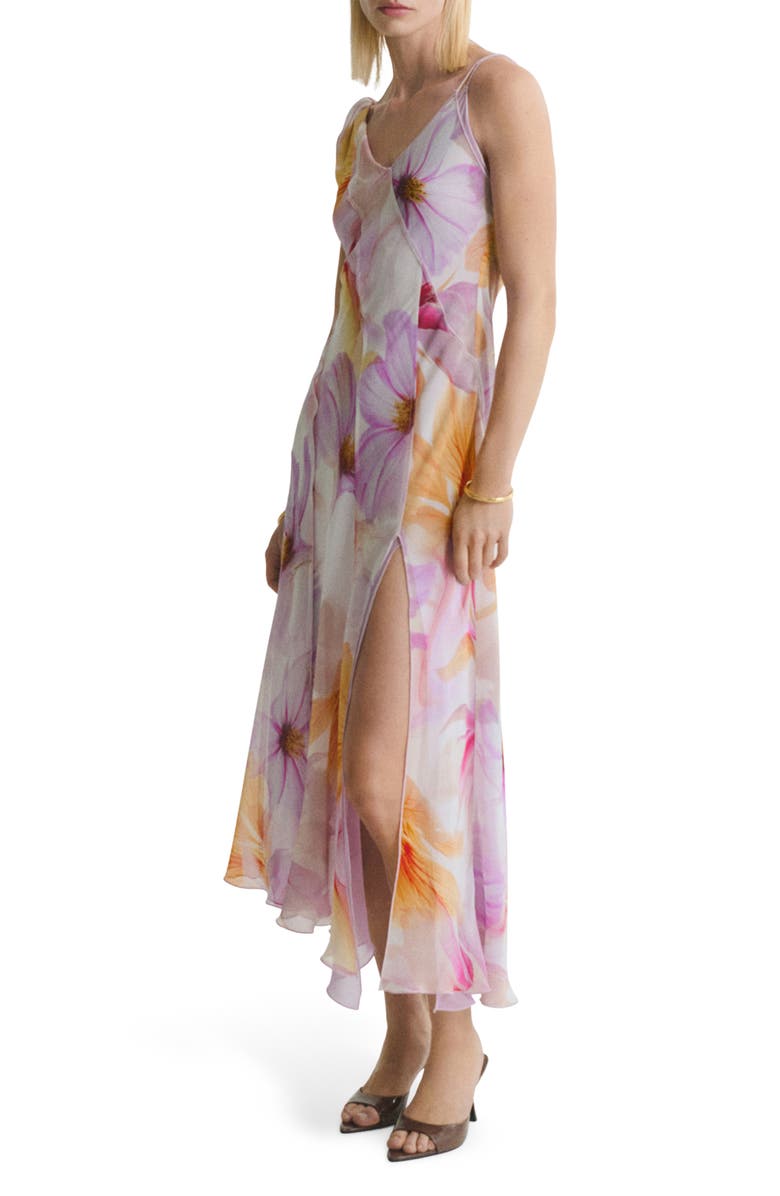 MANGO Floral Print Asymmetric Chiffon Maxi Dress, Main, color, Light/ Pastel Purple