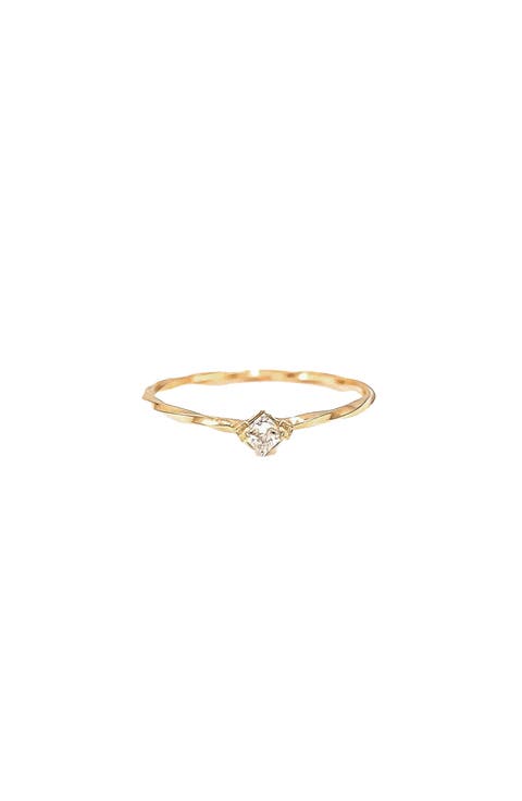 14K Gold Plated Thin Crystal Solitaire Ring, Minimalist Band, Holiday Gift Idea