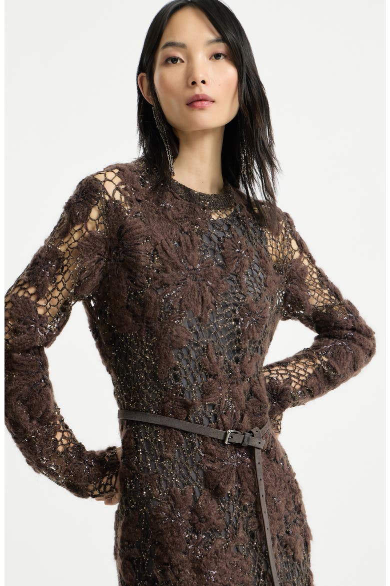 Whispering bloom embroidery knit dress in sparkling mohair and wool, Alternate, color, Brown
