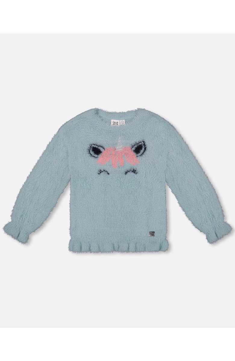 Deux par Deux Girl's Unicorn Sweater Hairy Knit Turquoise, Main, color,