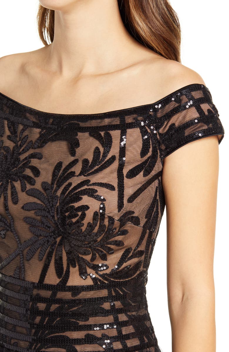 Tadashi Shoji Sequin Illusion Lace Off the Shoulder Cap Sleeve Gown, Alternate, color,