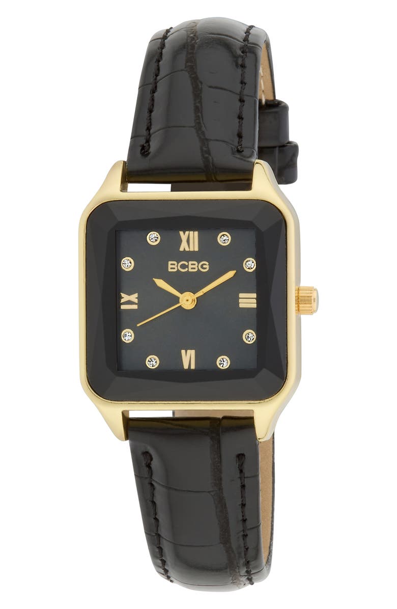 BCBG Prism Faux Leather Strap Watch, 27mm, Main, color, Black
