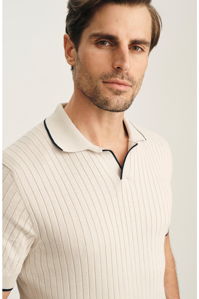 Tipped Johnny Collar Short Sleeve Cotton Sweater, Alternate, color, PURE CASHMERE