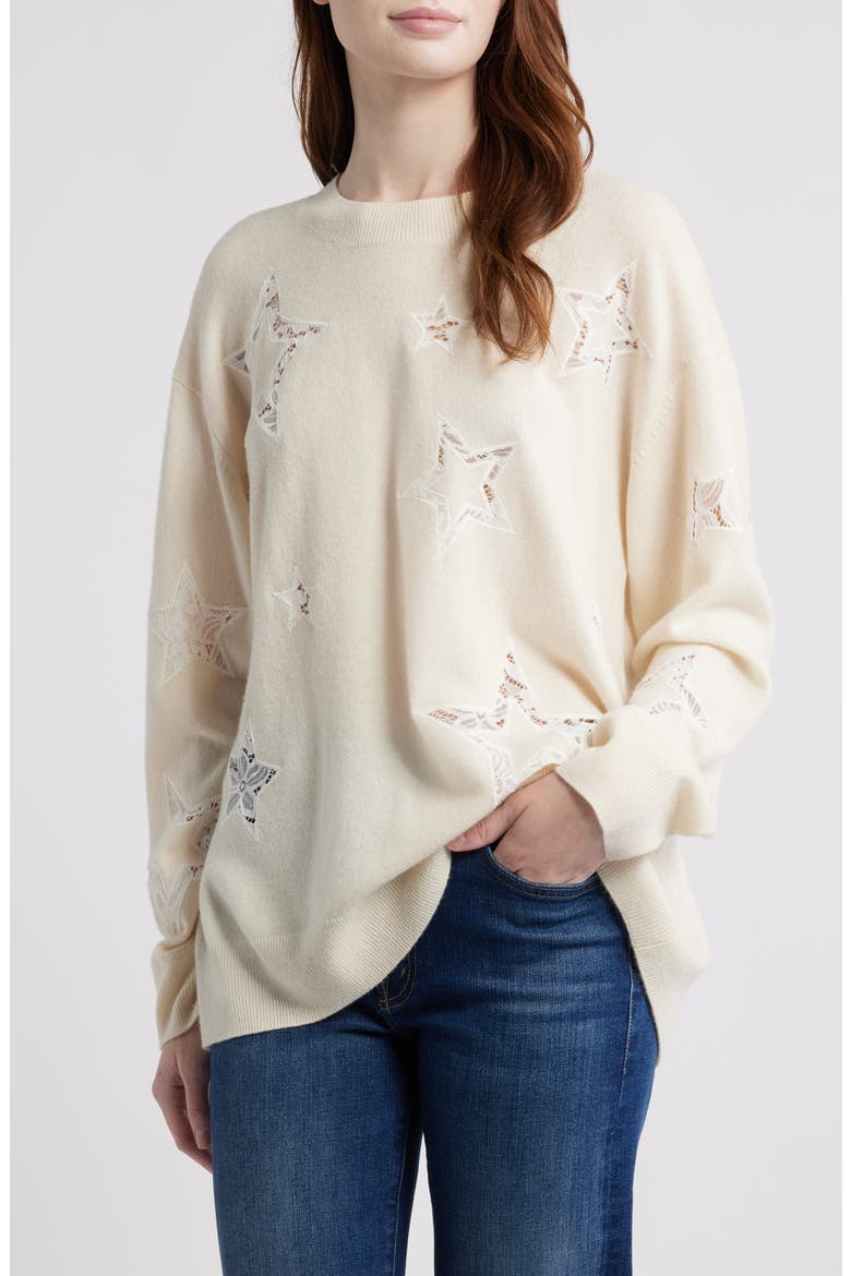Westcott Star Lace Detail Wool & Cashmere Sweater, Main, color, IVORY