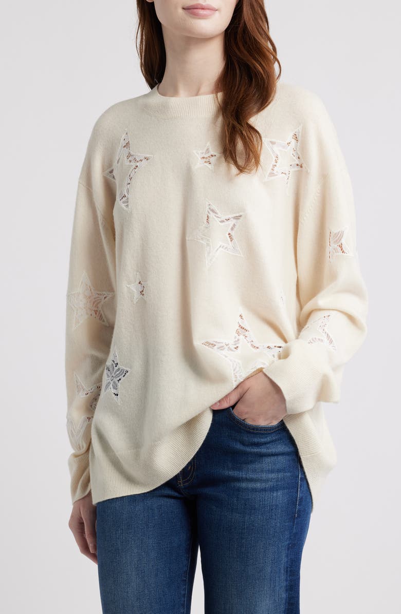 LoveShackFancy Westcott Star Lace Detail Wool & Cashmere Sweater, Main, color, Ivory