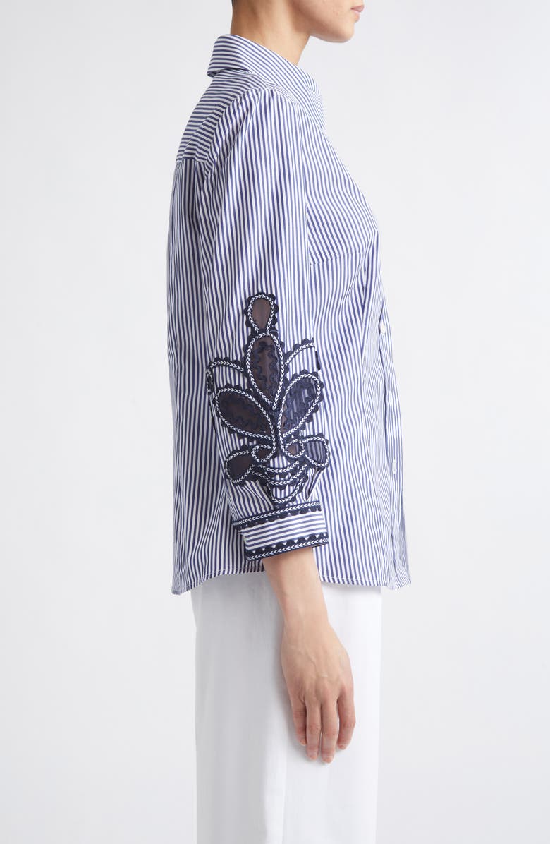 Carolina Herrera Ana Embroidered Stripe Cotton Button-Up Shirt, Alternate, color, White/ Blue