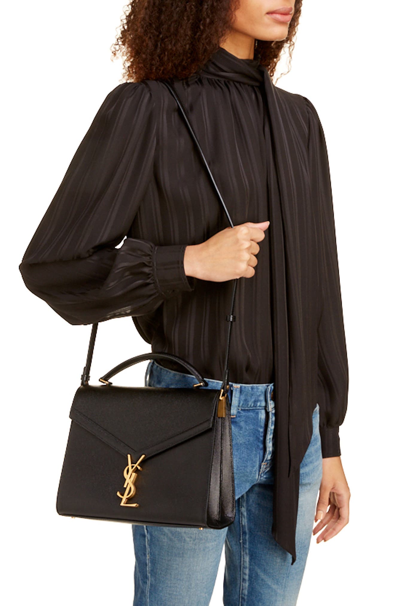 Saint Laurent Medium Cassandra Calfskin Leather Satchel, Alternate, color, 