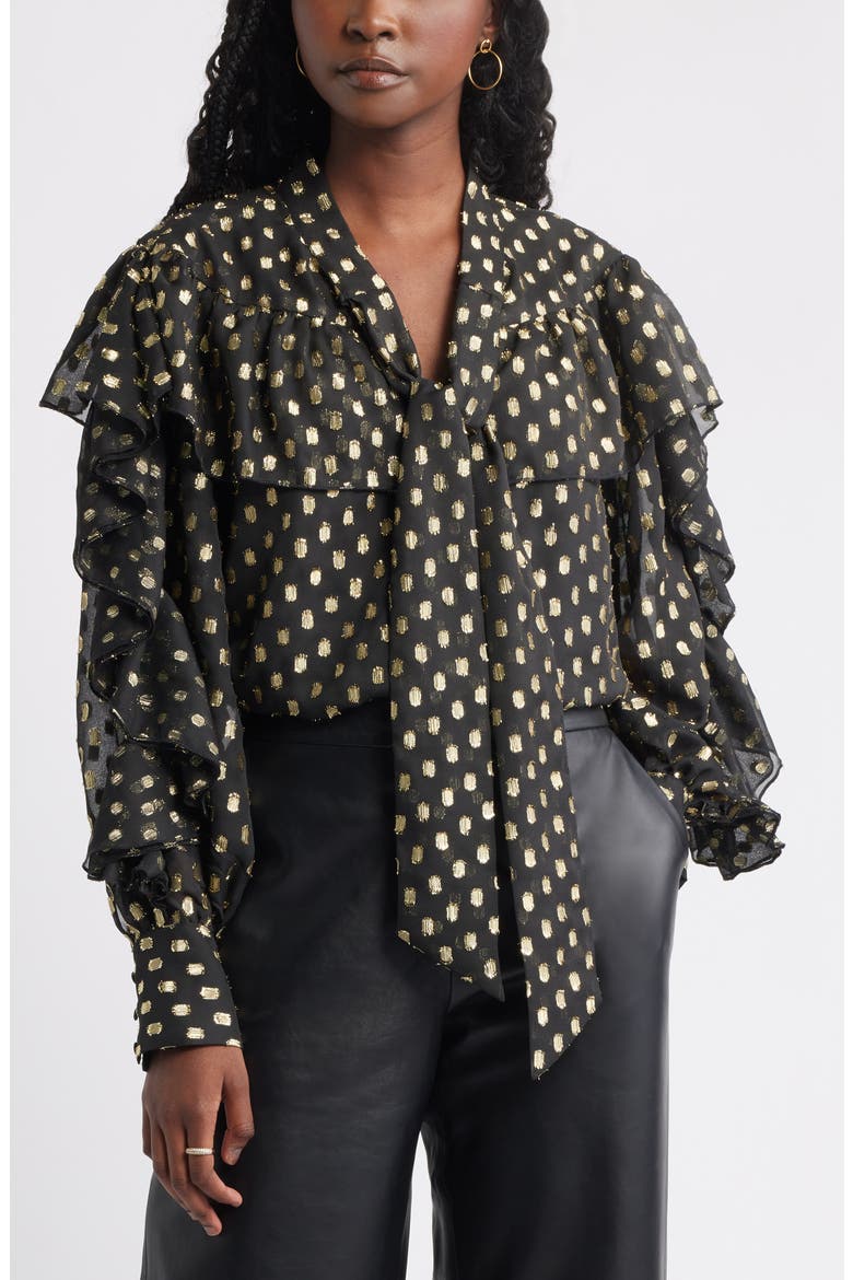 Tie Neck Metallic Chiffon Top, Main, color, BLACK LUREX DOT