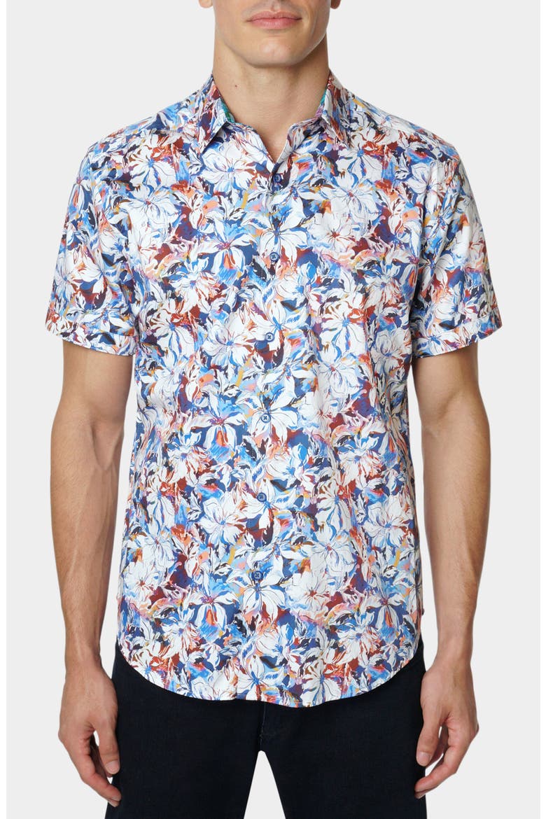 Floral Print Cotton Short Sleeve Button-Up Shirt, Main, color, WHITE/ BLUE MULTICOLOR