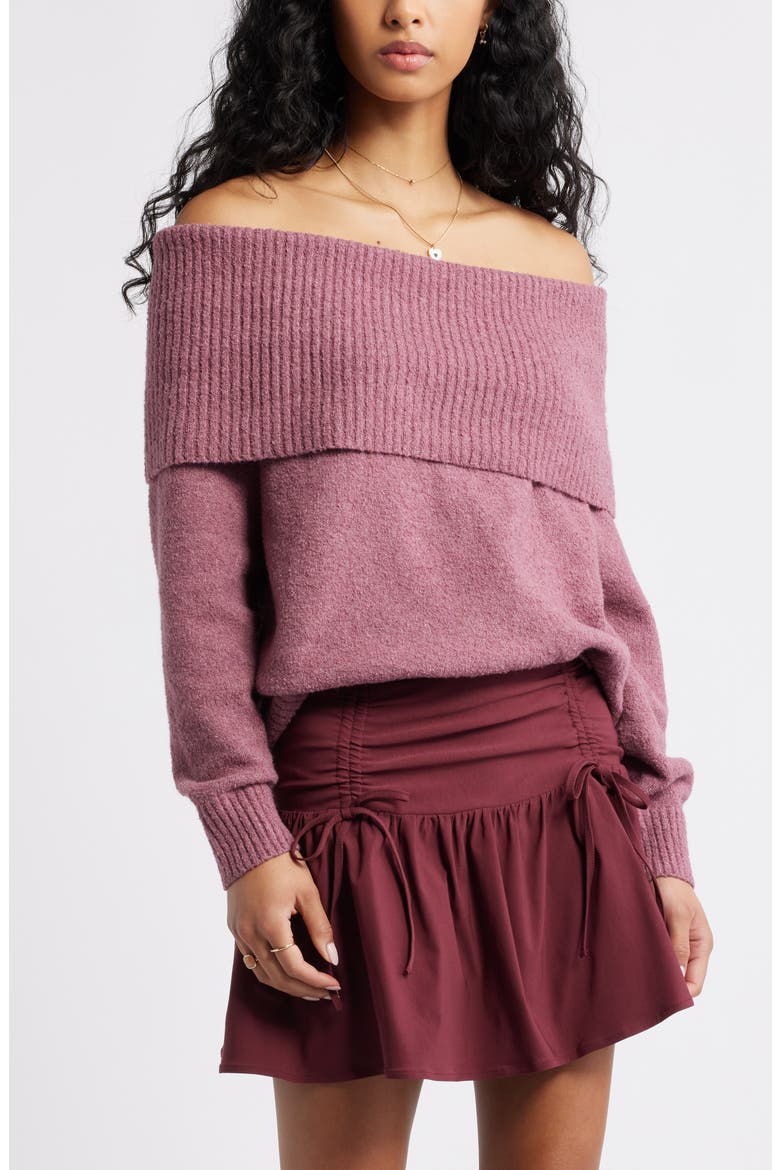 Bouclé Off the Shoulder Sweater, Main, color, BURGUNDY SHADE