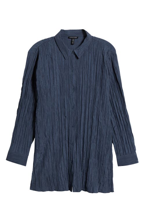 Eileen Fisher Classic Collar Pleated Longline Silk Button-up Shirt In Eclipse
