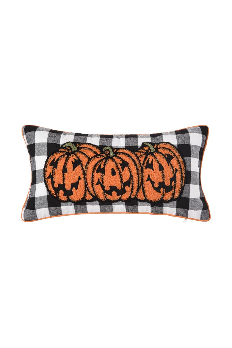 Jack-O-Lantern Pumpkin Check Tufted Bolster Halloween Accent Pillow, 12" x 24", Main, color, Orange
