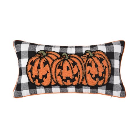 Jack-O-Lantern Pumpkin Check Tufted Bolster Halloween Accent Pillow, 12" x 24"