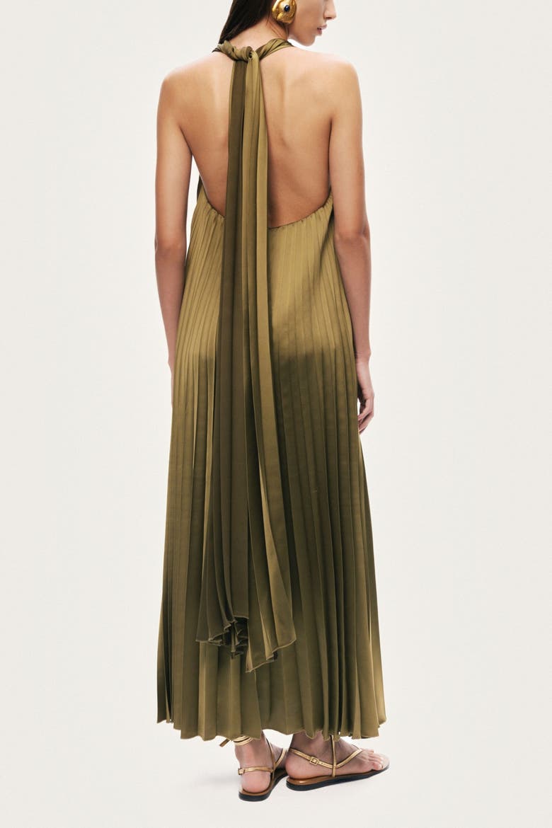 Pleated Halter Maxi Dress, Alternate, color, Khaki