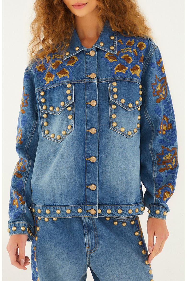 FARM Rio Embroidered Studded Denim Jacket (Women) | Nordstromrack