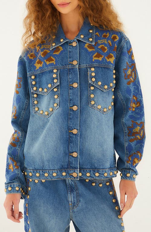 Farm Rio Embroidered Studded Denim Jacket In Blue