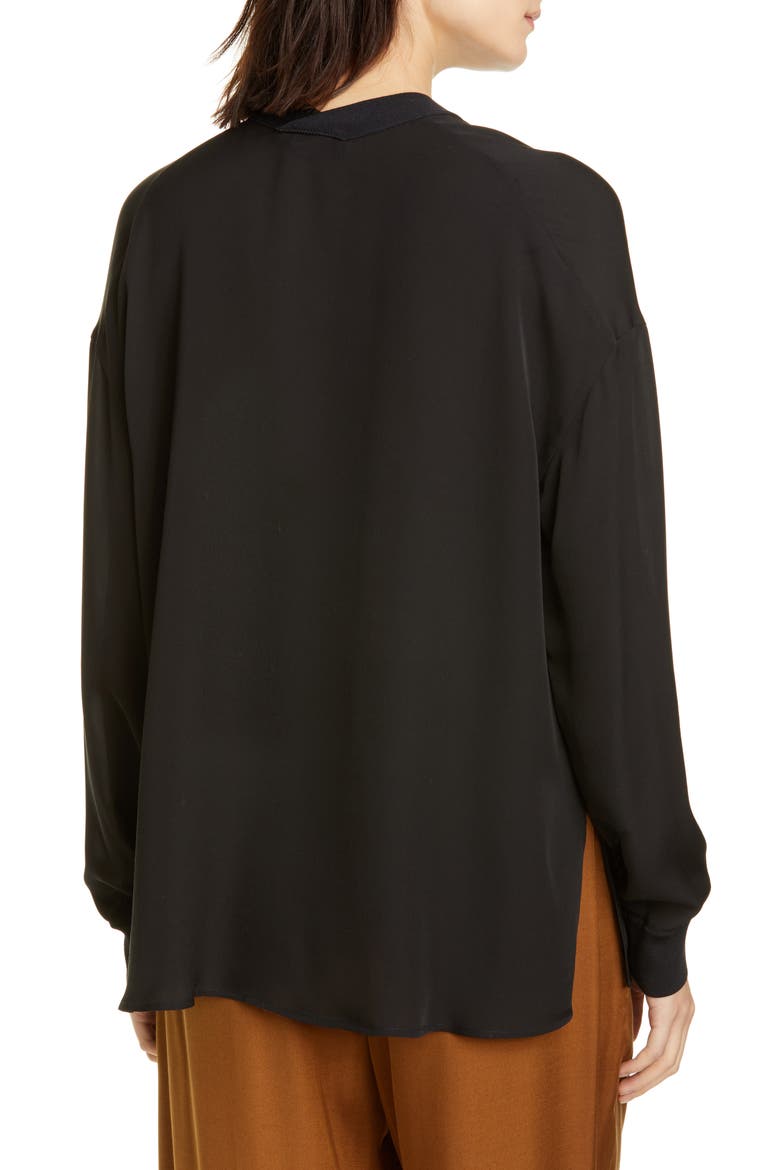 Rib Trim Silk Blouse, Alternate, color, BLACK