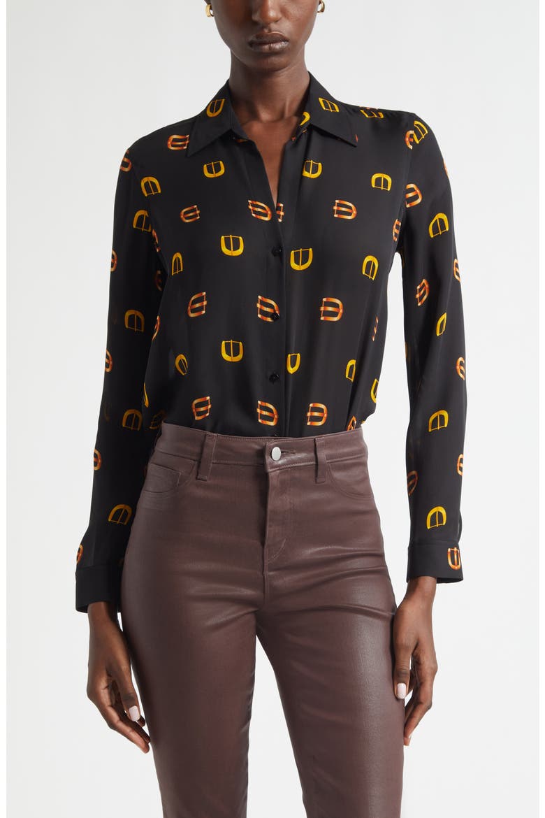 Nina Horsebit Print Silk Button-Up Shirt, Main, color, BLACK MULTI CONV BUCKLE