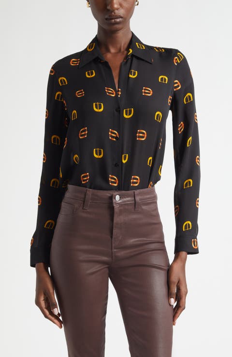 Nina Horsebit Print Silk Button-Up Shirt