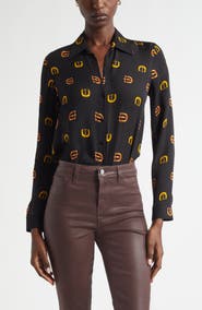 L'AGENCE Nina Horsebit Print Silk Button-Up Shirt