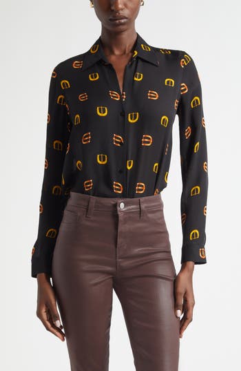 L'agence Nina Horsebit Print Silk Button-up Shirt