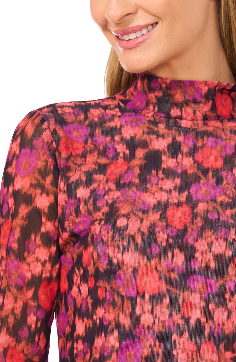 CeCe Blurred Floral Mock Neck Mesh Top, Alternate, color, Pink/ Rich Black