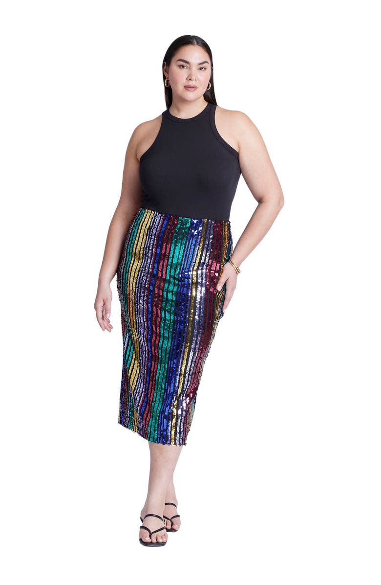 ELOQUII Rainbow Striped Sequin Midi Skirt, Main, color, Multi Color Stripe