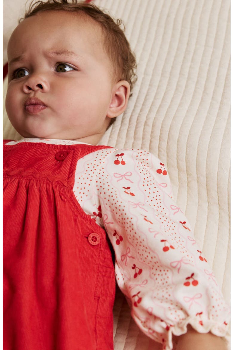 Bow Corduroy Pinafore Dress, Bodysuit & Socks Set, Alternate, color, RED