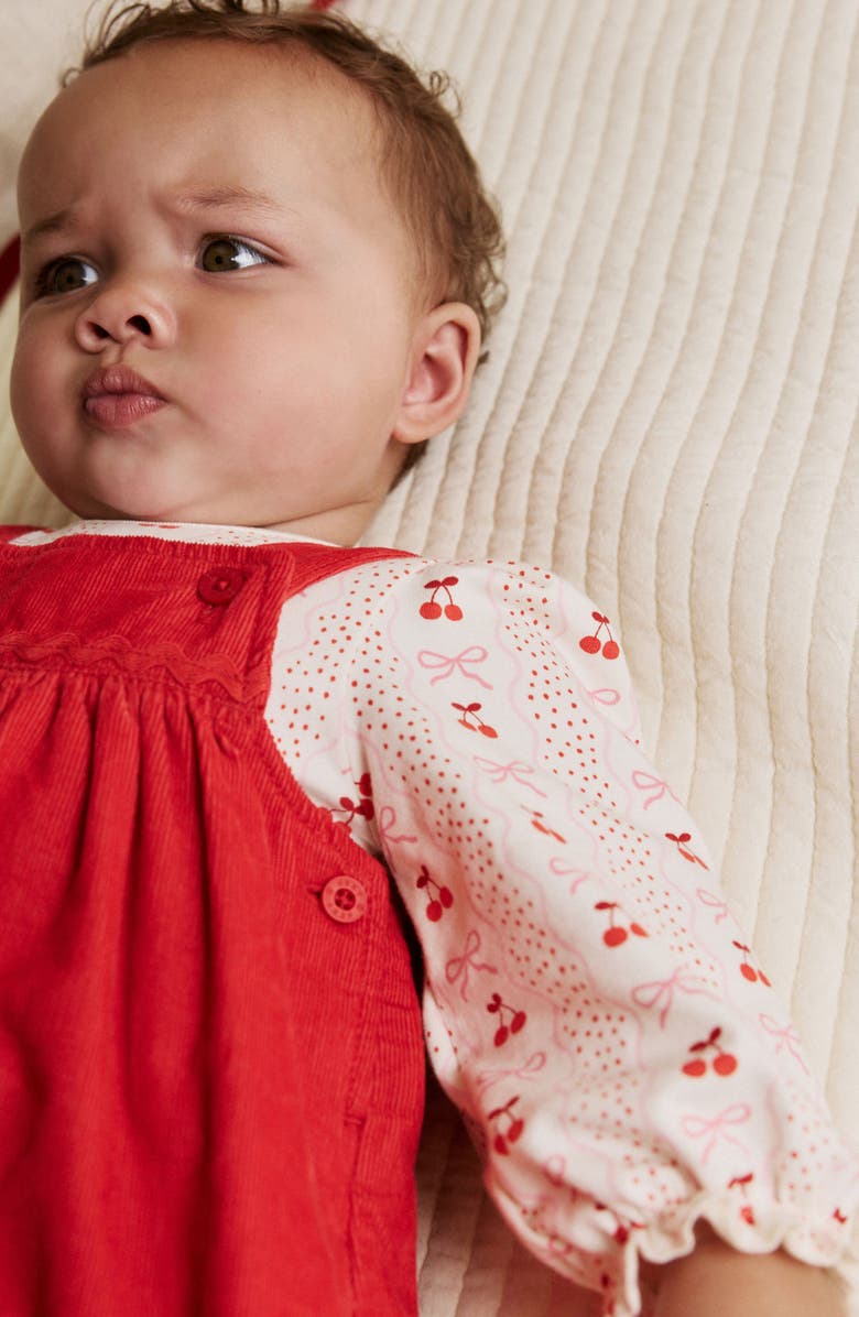 NEXT Bow Corduroy Pinafore Dress, Bodysuit & Socks Set, Alternate, color, Red