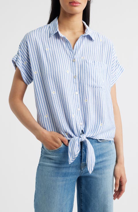 Rosie Embroidered Tie Front Short Sleeve Button-Up Shirt