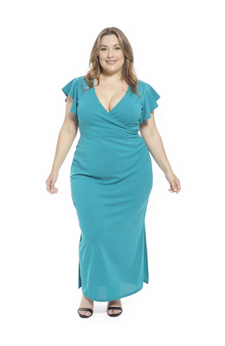 24seven Comfort Apparel Plus Size Solid V-Neck Tulip Hem Ruffle Sleeve Faux Wrap Maxi Dress, Main, color, Jade