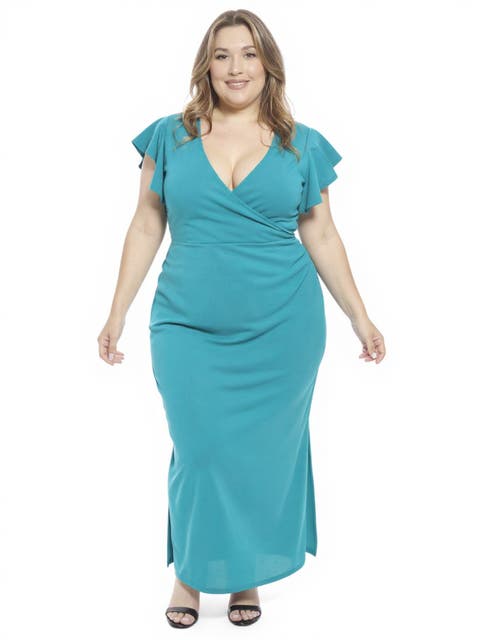 Plus Size Solid V-Neck Tulip Hem Ruffle Sleeve Faux Wrap Maxi Dress