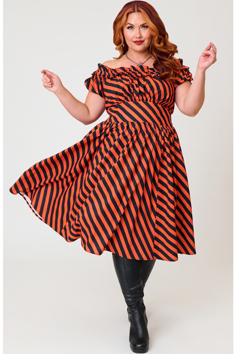 Plus Size 1950s Off The Shoulder Ruffle Swing Dress, Alternate, color, Orange Bias Stripe