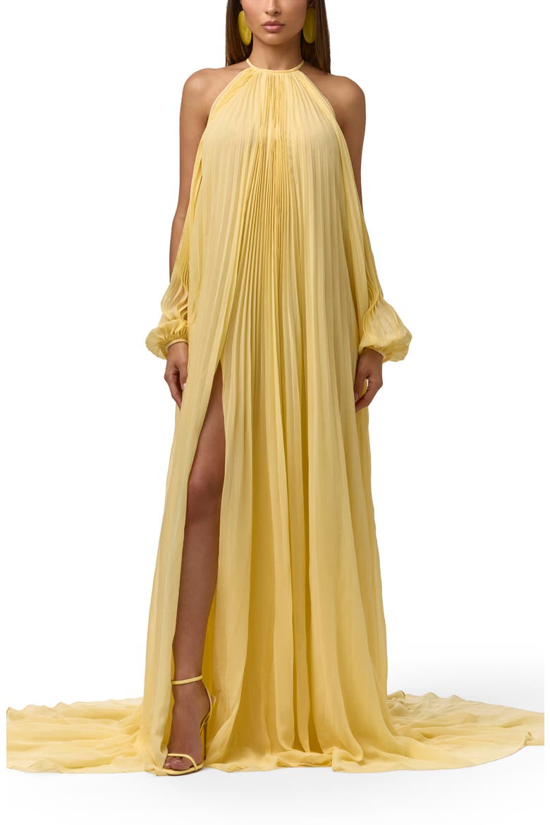 Pleated Chiffon Halter Maxi Dress, Alternate, color, LEMONADE