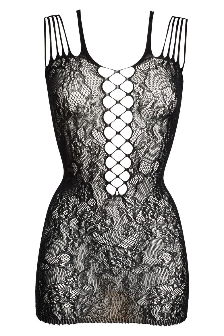 Faux Lace-Up Lace Chemise, Alternate, color, BLACK