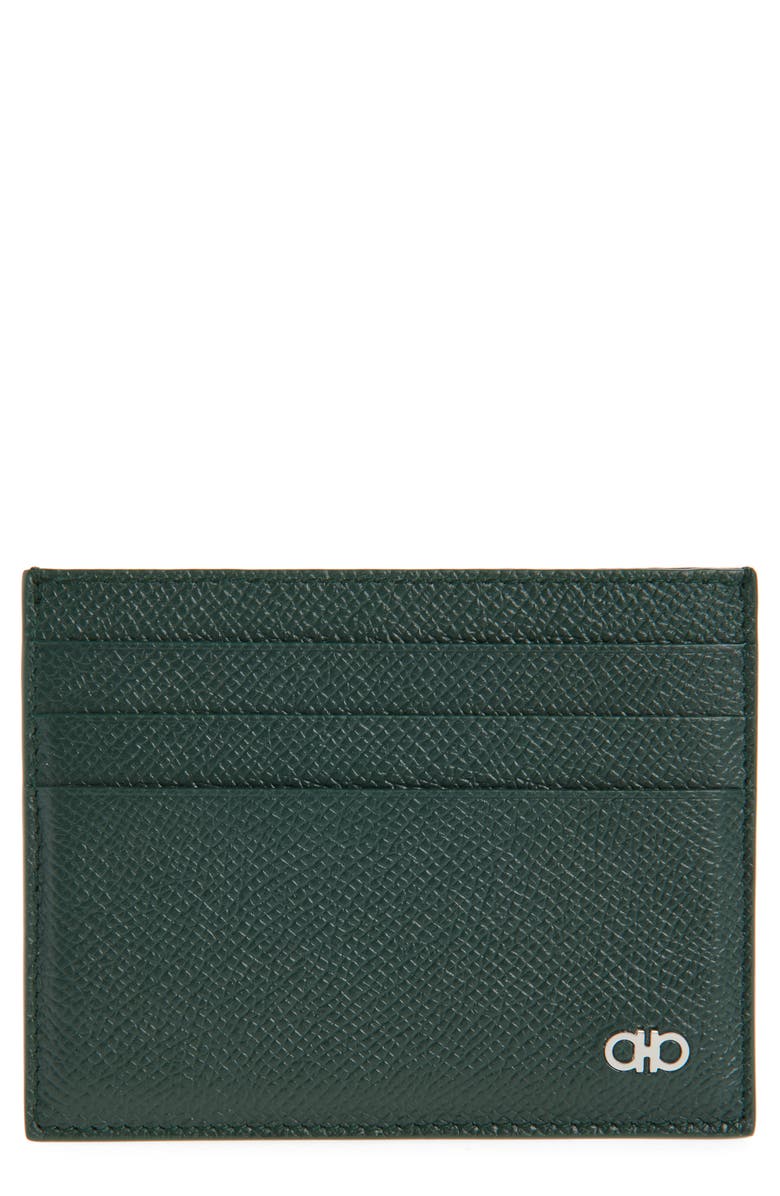 FERRAGAMO Double Gancio Calfskin Leather Card Case, Main, color, Moss