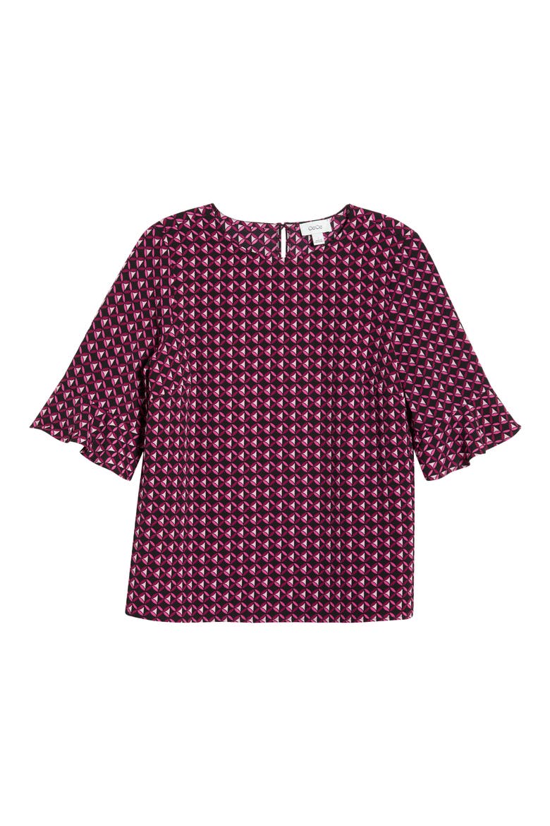 Geo Print Ruffle Cuff Top, Alternate, color, STARLET ROSE
