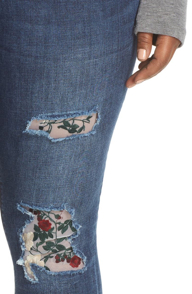 YSJ Floral Patch Ankle Skinny Jeans, Alternate, color, 