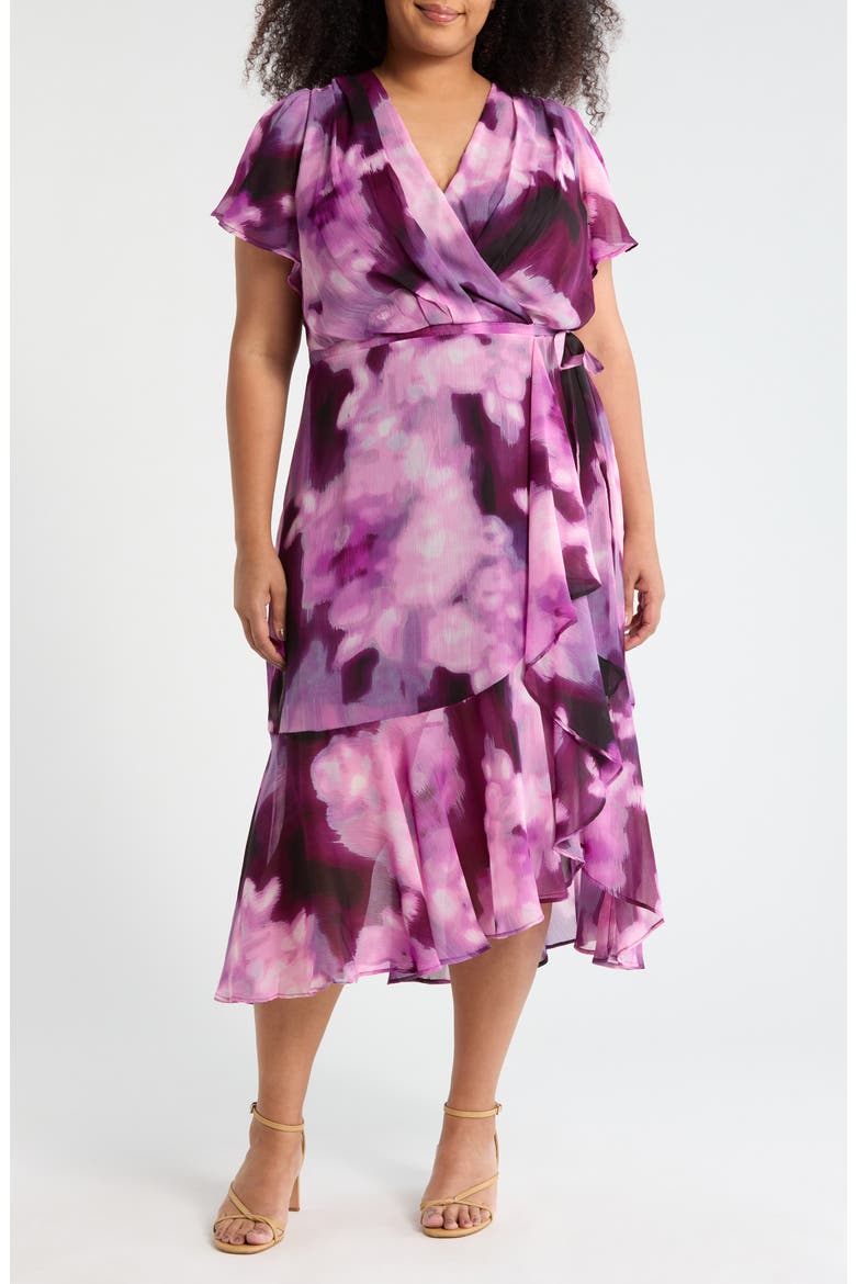Flutter Sleeve Faux Wrap Dress, Main, color, RAISIN MULTI