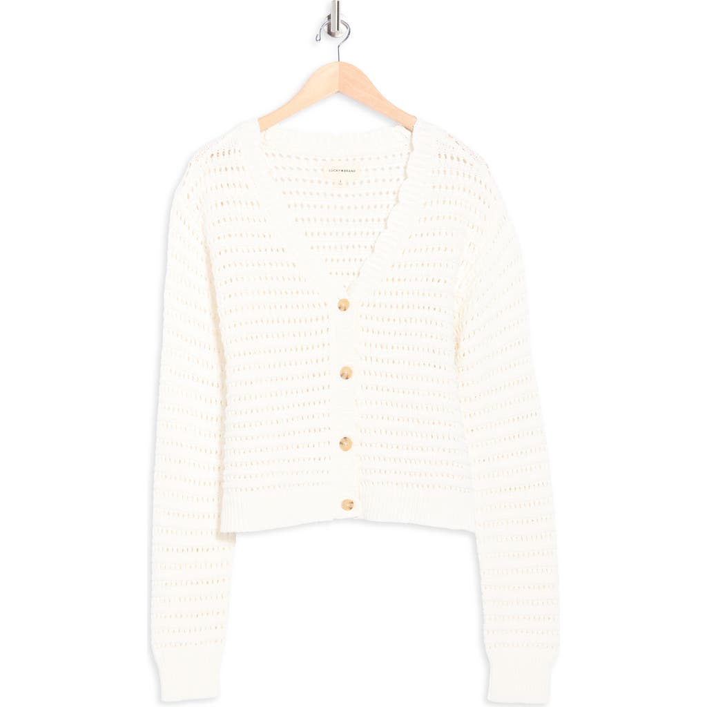 Lucky Brand Scallop Pointelle Cardigan In White