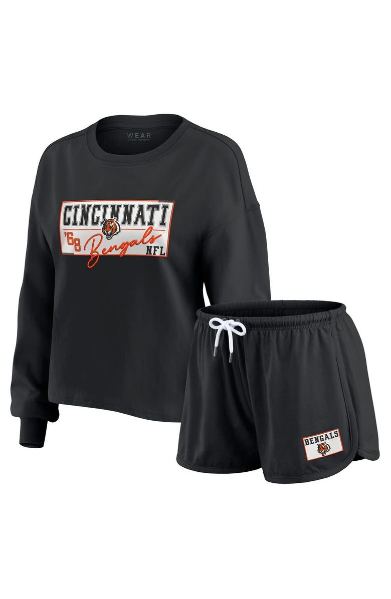WEAR by Erin Andrews Women's WEAR by Erin Andrews Black Cincinnati Bengals Heavy Rugby Jersey Long Sleeve T-Shirt & Shorts Lounge Set, Alternate, color, 